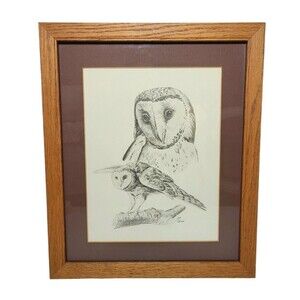 Leon Parson Animal Art Lithograph Print Owl Wildlife 1980s Pencil Art Oak Frame